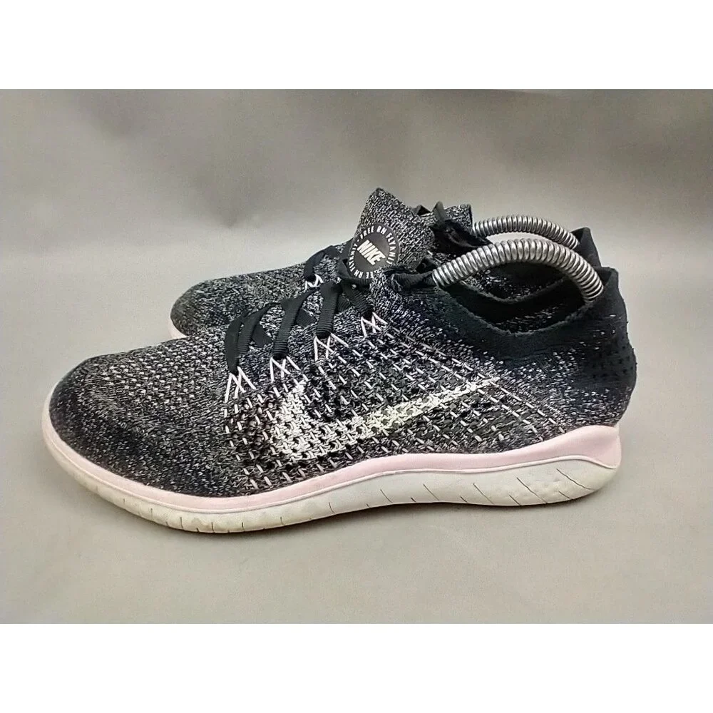 Nike Womens 9.5 Free RN Flyknit 942839-007‎ Black Pink Running Shoes Sneakers